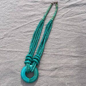 Bohemian Turquoise Beaded Long Necklace with Circular Pendant